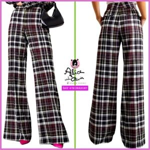 Alice + Olivia Dylan Black White Red Multi Plaid High Waisted Wide Leg Pants